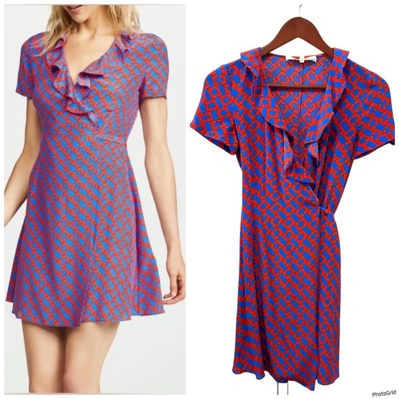 DVF Diane Von Furstenberg Savilla Chain Link Ruffle Front Silk Wrap Dress 00